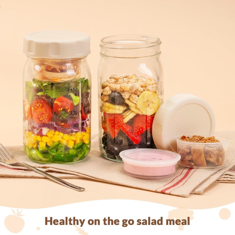 SOLIGT 4 Pack Glass Salad Jars with Lids Meal Prep, Leakproof Container for Lunch, Two Small Built-in Boxes with Wet/Dry Separation for Salad Dressing and Dry Ingredients, 32oz Mason Jars - Image 5