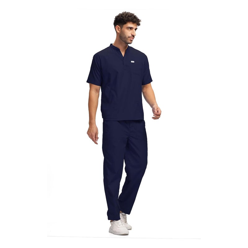 KNYA Classic Men's 5-Pocket Mandarin Collar Scrub Suit| Regular fit | Short Sleeves | For Doctors (S, Navy Blue) - Image 1