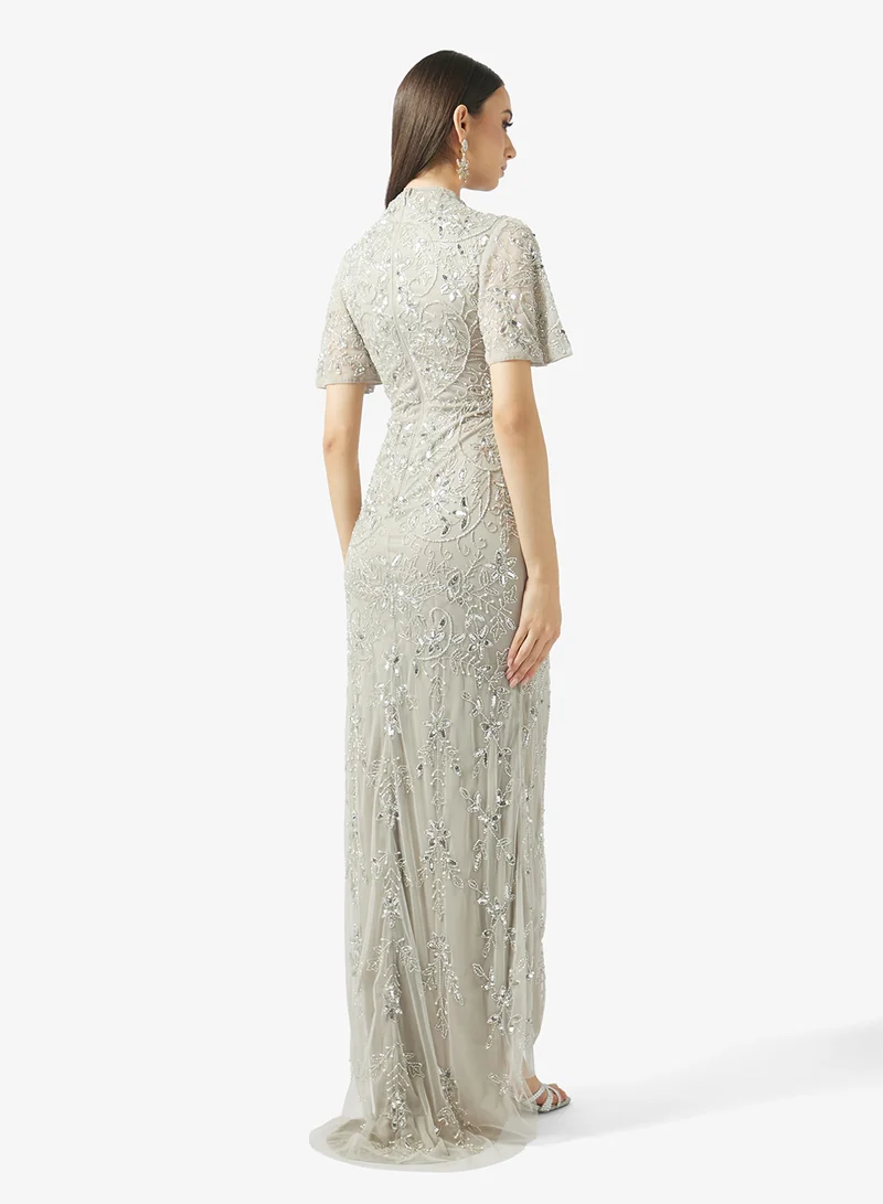 BEAUUT Embellished High Neck Sequin Maxi Dress