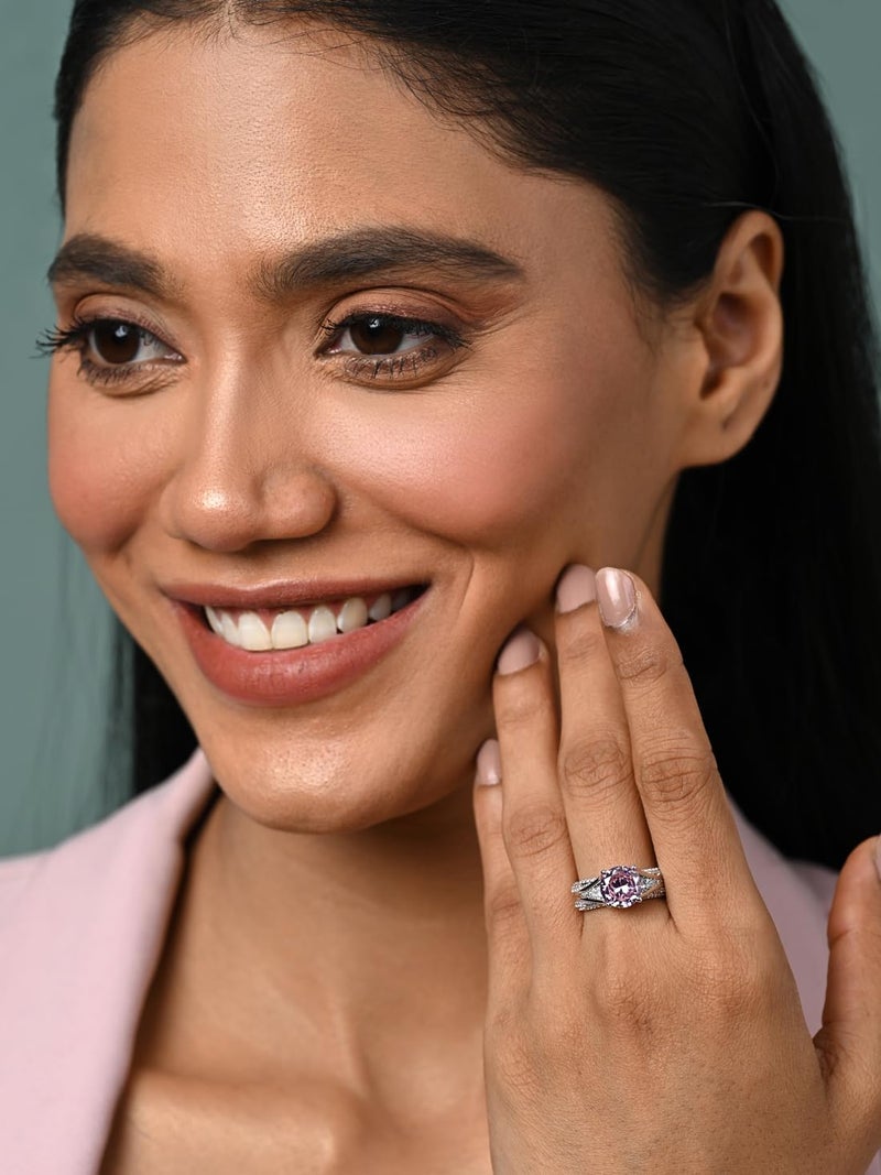 CLARA Pure 925 Sterling Silver Tove Pink Solitaire Wedding Finger Ring | Swiss Zircon Platinum Plated | Size Adjustable | Gift for Women Girls Wife Girlfriend - Image 3