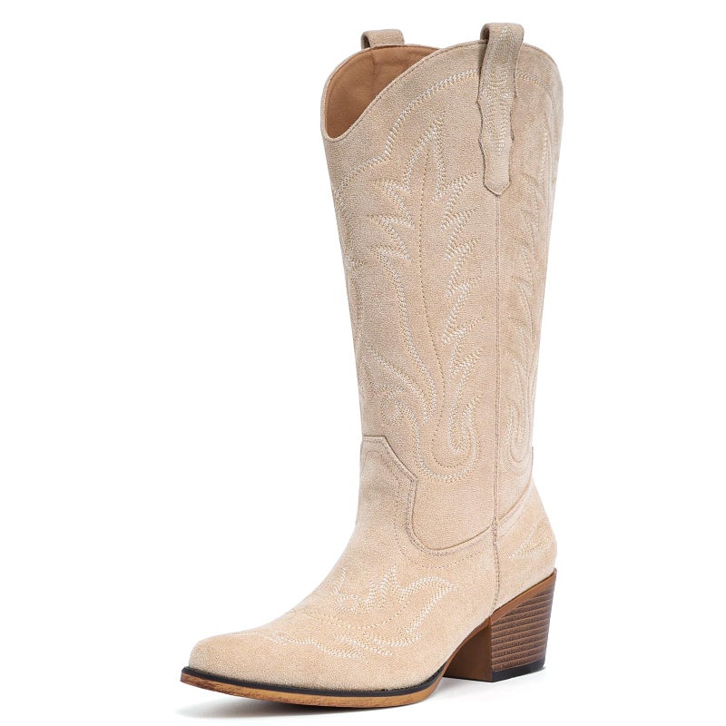 Fioralie Suede Cowboy Boots for Women Western Mid Calf Cowgirl Boots with Embroidered, Retro Snip Toe Fashion Boot With Chunky Block Heel Summer Fall Country Music Festival Cowboy Chic - Image 4