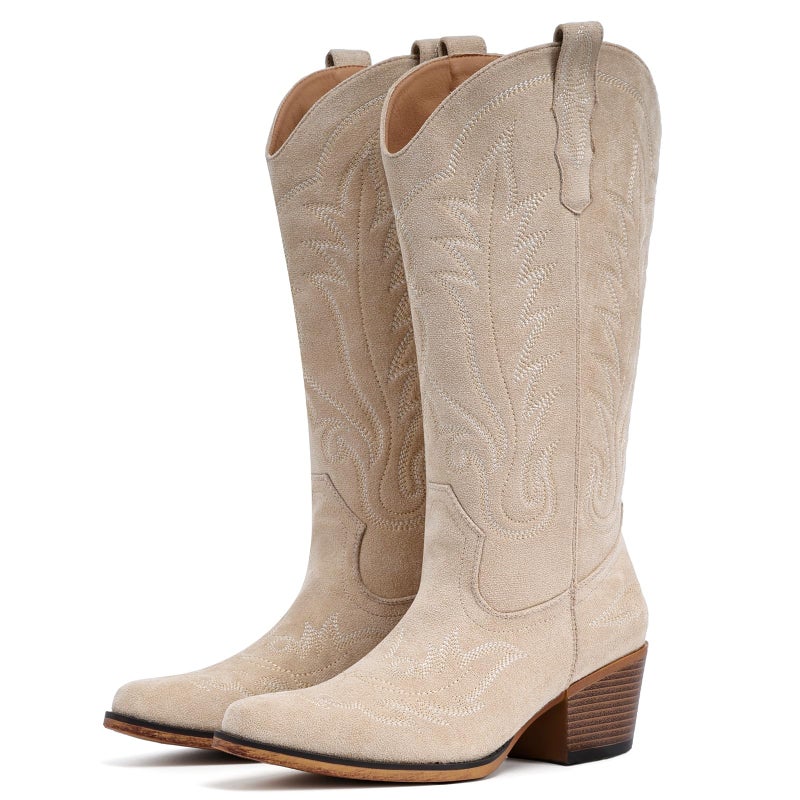Fioralie Suede Cowboy Boots for Women Western Mid Calf Cowgirl Boots with Embroidered, Retro Snip Toe Fashion Boot With Chunky Block Heel Summer Fall Country Music Festival Cowboy Chic - Image 1