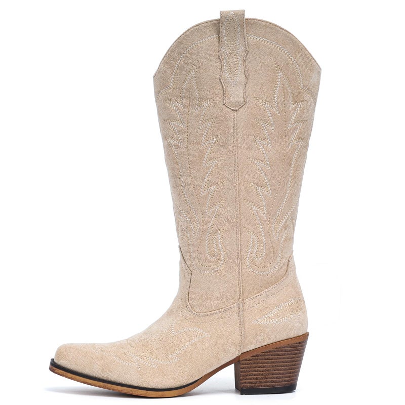 Fioralie Suede Cowboy Boots for Women Western Mid Calf Cowgirl Boots with Embroidered, Retro Snip Toe Fashion Boot With Chunky Block Heel Summer Fall Country Music Festival Cowboy Chic - Image 5