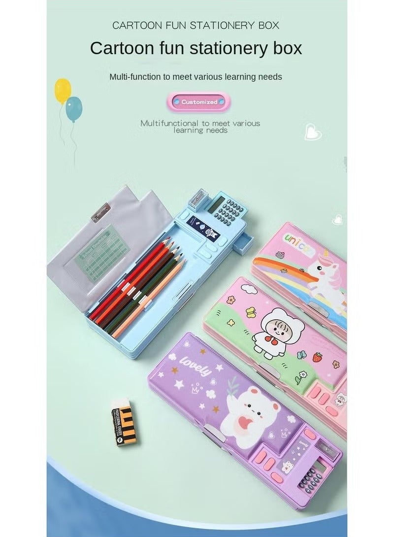 Creative Multi-functional Plastic Stationery Box for Primary School Students Double-sided Magnetic Pencil Calculator Sharpener (Pink, Dream Girl) - Image 3