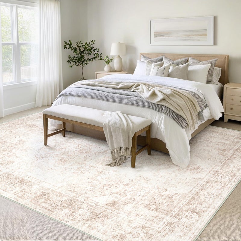Aoyaomi Vintage Living Room Area Rug - 9x12 Large Machine Washable Boho Moroccan Rug Distressed Farmhouse Rugs for Bedroom - Soft Non-Slip Indoor Carpet for Dining Room Office Nursery(Retro Beige, 9'x12') - Image 3