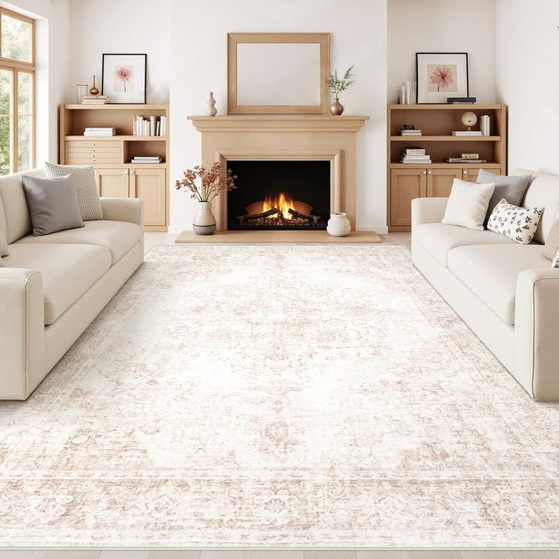 Aoyaomi Vintage Living Room Area Rug - 9x12 Large Machine Washable Boho Moroccan Rug Distressed Farmhouse Rugs for Bedroom - Soft Non-Slip Indoor Carpet for Dining Room Office Nursery(Retro Beige, 9'x12') - Image 2