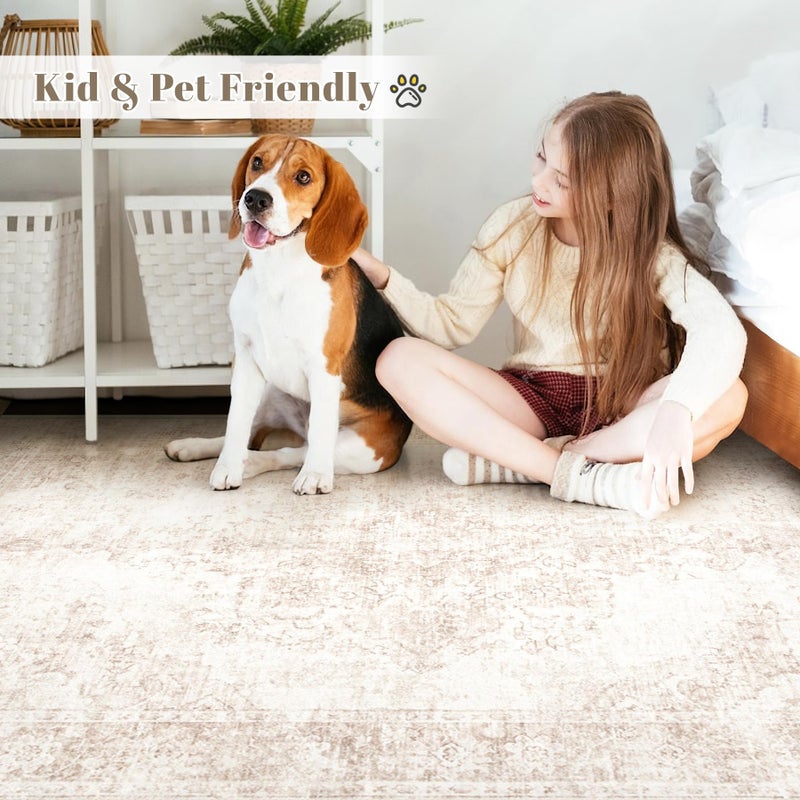 Aoyaomi Vintage Living Room Area Rug - 9x12 Large Machine Washable Boho Moroccan Rug Distressed Farmhouse Rugs for Bedroom - Soft Non-Slip Indoor Carpet for Dining Room Office Nursery(Retro Beige, 9'x12') - Image 4