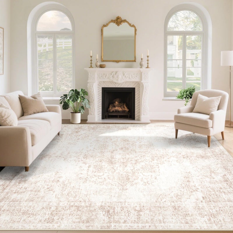 Aoyaomi Vintage Living Room Area Rug - 9x12 Large Machine Washable Boho Moroccan Rug Distressed Farmhouse Rugs for Bedroom - Soft Non-Slip Indoor Carpet for Dining Room Office Nursery(Retro Beige, 9'x12') - Image 1