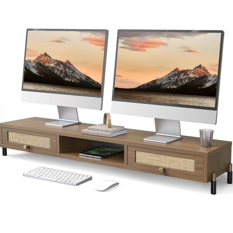 Fenge Dual Monitor Stand for Desk - Long Wooden Riser With Rattan Woven Drawer, 2 Tier Desk Shelf for 2 Monitors, Vintage Computer Stand for Laptop, Printer, TV - Image 1