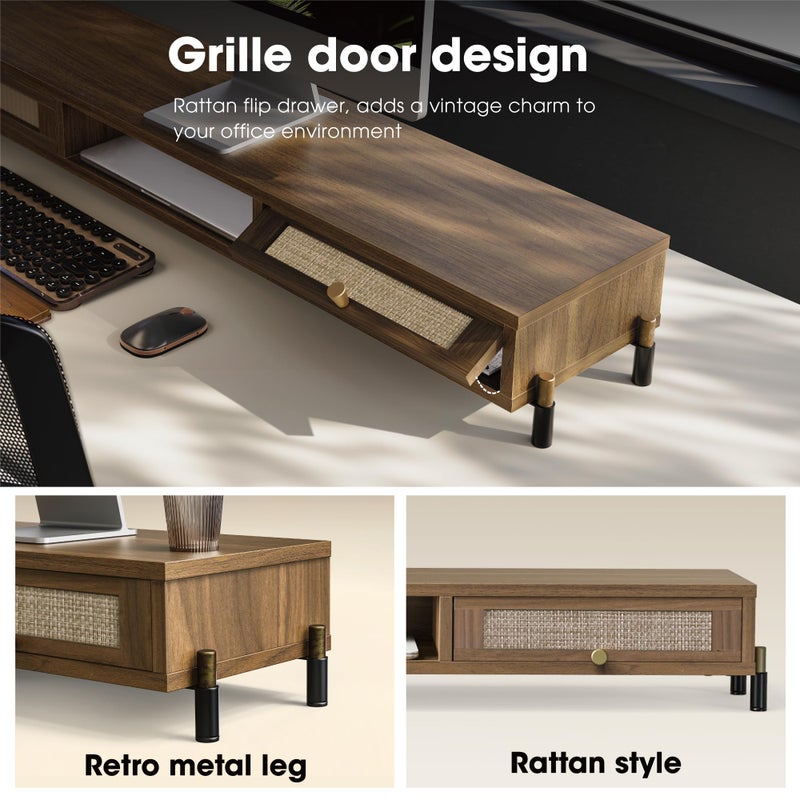 Fenge Dual Monitor Stand for Desk - Long Wooden Riser With Rattan Woven Drawer, 2 Tier Desk Shelf for 2 Monitors, Vintage Computer Stand for Laptop, Printer, TV - Image 3