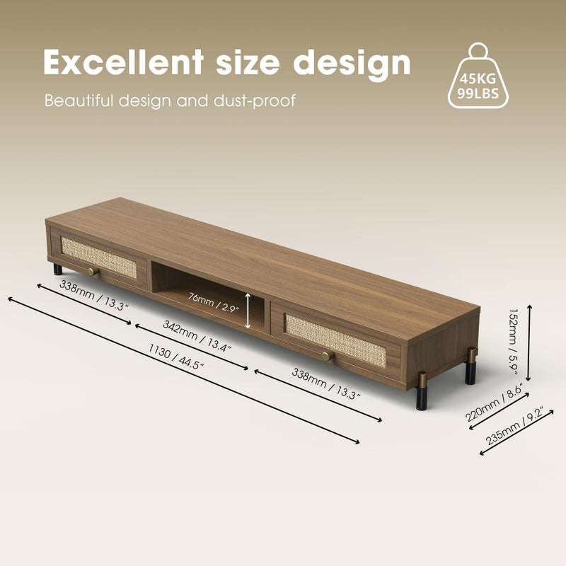 Fenge Dual Monitor Stand for Desk - Long Wooden Riser With Rattan Woven Drawer, 2 Tier Desk Shelf for 2 Monitors, Vintage Computer Stand for Laptop, Printer, TV - Image 4