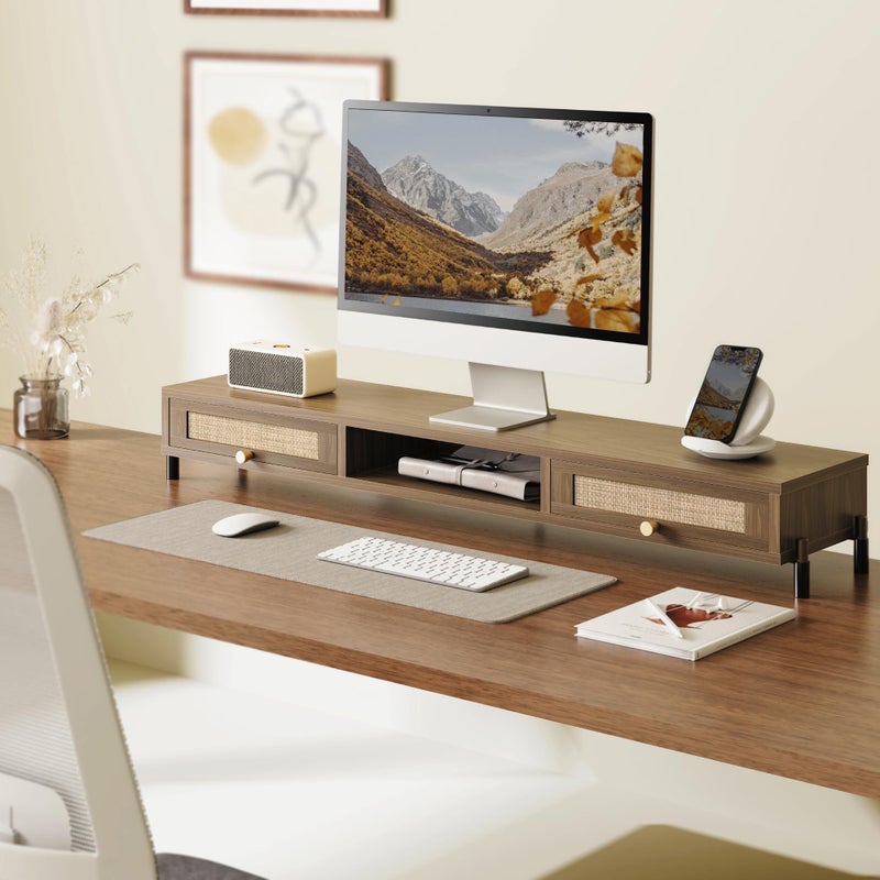 Fenge Dual Monitor Stand for Desk - Long Wooden Riser With Rattan Woven Drawer, 2 Tier Desk Shelf for 2 Monitors, Vintage Computer Stand for Laptop, Printer, TV - Image 2