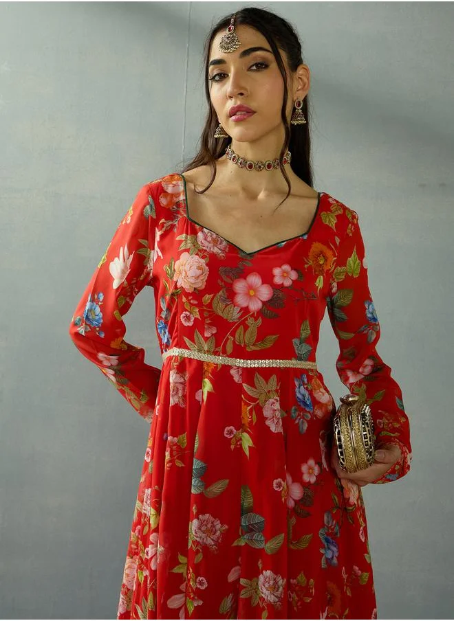 ساسافراس Floral Print Sweetheart Neck Anarkali Kurta