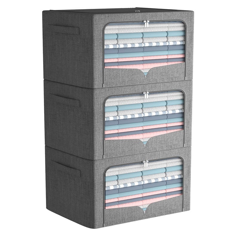 3 Pack Clothes Storage Bins Foldable Metal Frame Storage Box Stackable Linen Fabric Organizer Set with Carrying Handles and Clear Window Dark Gray 157x118x78inch22L