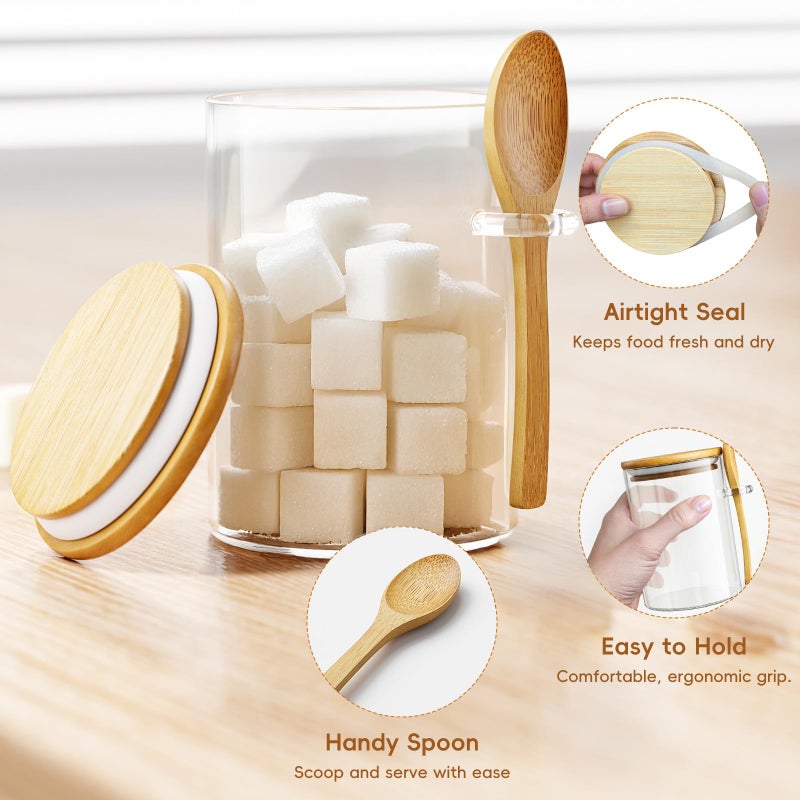 KOIKEY Sugar Jar Glass Salt Container,15 Ounces Clear Airtight Caning with Bamboo Lid and Spoon Scoop, Storage Overnight Oats, Salts, Coffee Bean, Spice, Creamer, Food Organizer, Pack of 1 - Image 3