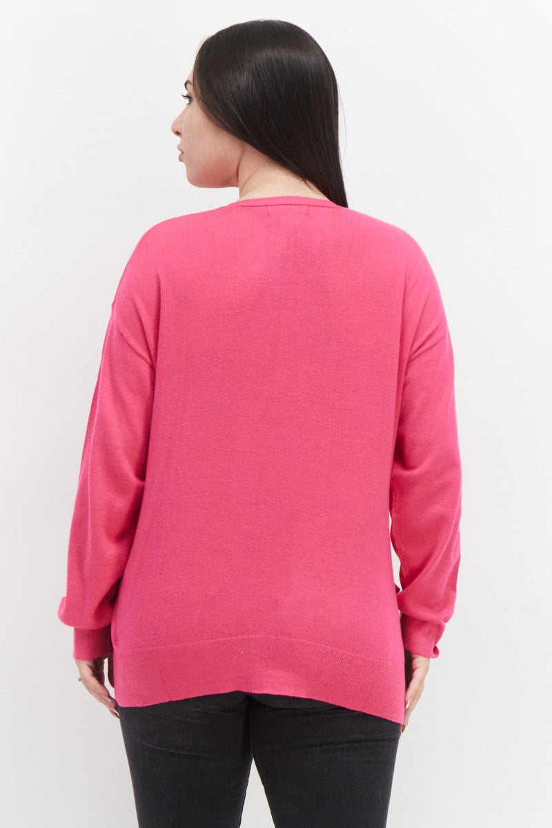 French Connection سويت شيرت محبوك بأكمام طويلة على شكل حرف V للنساء، وردي - Image 3