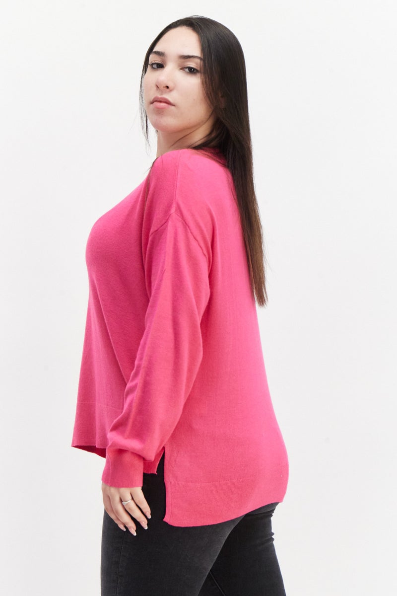 French Connection سويت شيرت محبوك بأكمام طويلة على شكل حرف V للنساء، وردي - Image 2