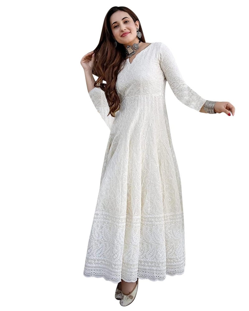 Royal Export Women's Paisley Embroidered Cotton Kurta Set | sharara Set for Women |Anarkali Chikankari Gown with Dupatta | Dresses for Girls,White - Image 2