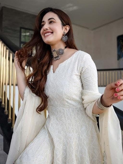 Royal Export Women's Paisley Embroidered Cotton Kurta Set | sharara Set for Women |Anarkali Chikankari Gown with Dupatta | Dresses for Girls,White - Image 3