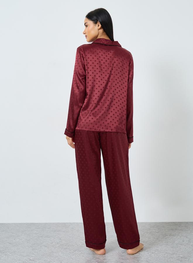 Styli Satin Polka Dot Jacquard Shirt and Straight Leg Pyjama Set - Image 5