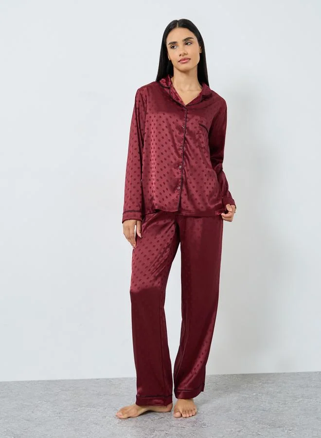 Styli Satin Polka Dot Jacquard Shirt and Straight Leg Pyjama Set