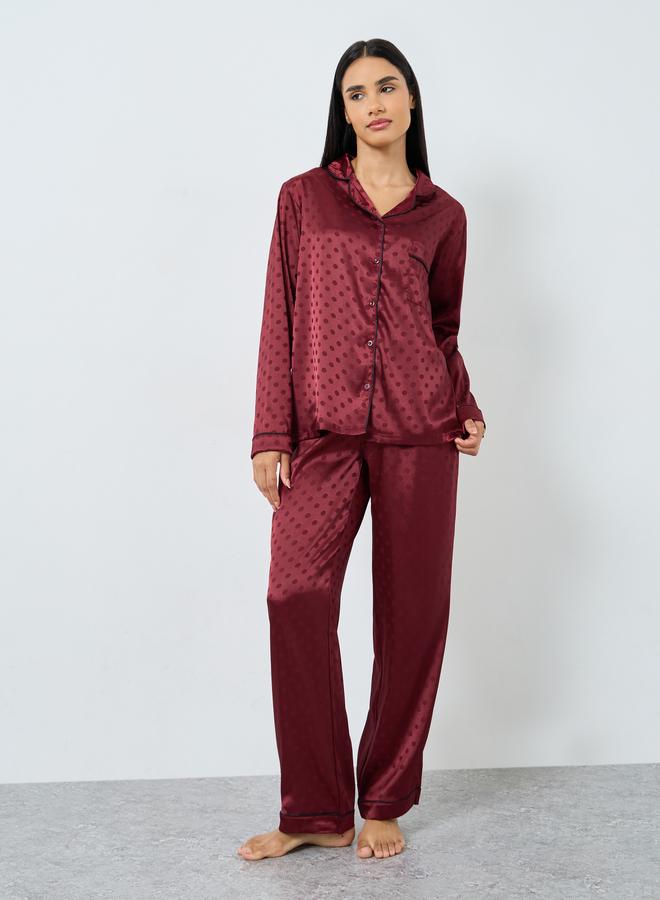 Styli Satin Polka Dot Jacquard Shirt and Straight Leg Pyjama Set - Image 2