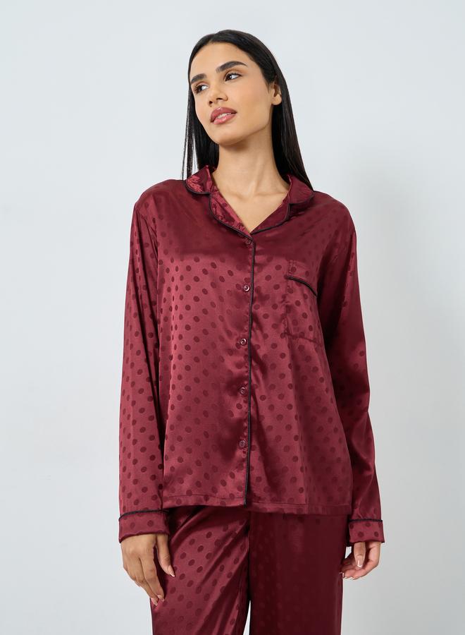 Styli Satin Polka Dot Jacquard Shirt and Straight Leg Pyjama Set - Image 3
