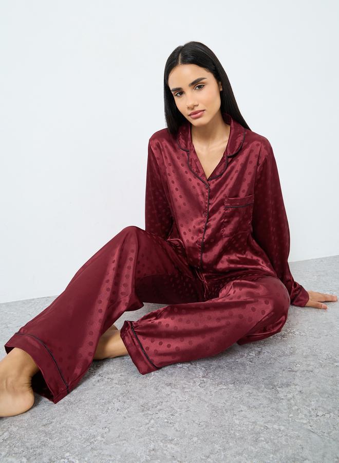 Styli Satin Polka Dot Jacquard Shirt and Straight Leg Pyjama Set - Image 1