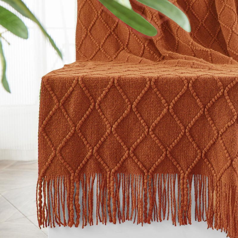 inhand Knitted Throw Blankets for Couch and Bed Soft Cozy Knit Blanket with Tassel Orange Rust Lightweight Decorative Blankets and Throws Farmhouse Warm Woven Blanket for Men and Women 60x80 - Image 2