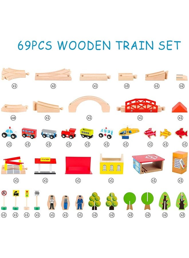 Train Set - 69 Pieces Wooden Train Tracks u0026 Trains For Kids, Toddler Boys And Girls 3,4,5 Years Old And Up– Premium Wood Construction Toys (69 Pcs) - Image 3
