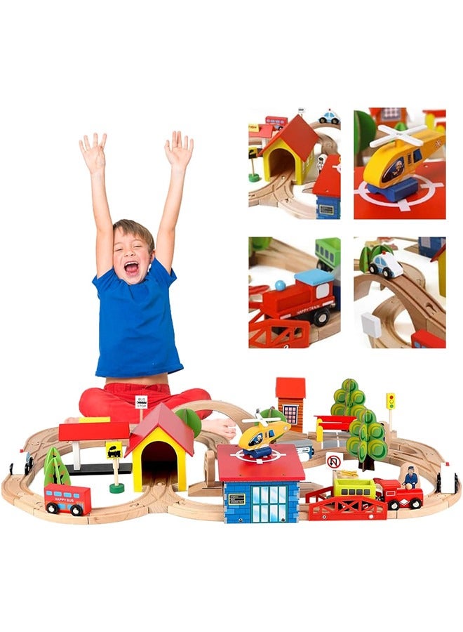 Train Set - 69 Pieces Wooden Train Tracks u0026 Trains For Kids, Toddler Boys And Girls 3,4,5 Years Old And Up– Premium Wood Construction Toys (69 Pcs) - Image 1