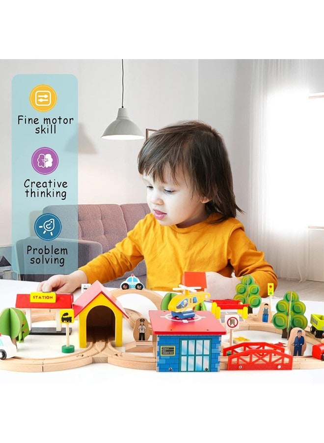 Train Set - 69 Pieces Wooden Train Tracks u0026 Trains For Kids, Toddler Boys And Girls 3,4,5 Years Old And Up– Premium Wood Construction Toys (69 Pcs) - Image 2
