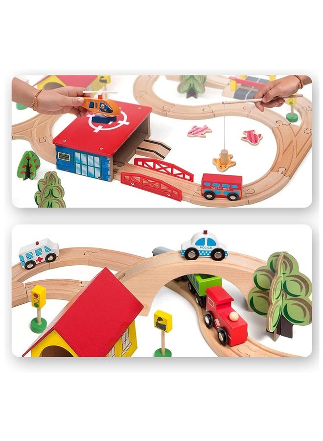 Train Set - 69 Pieces Wooden Train Tracks u0026 Trains For Kids, Toddler Boys And Girls 3,4,5 Years Old And Up– Premium Wood Construction Toys (69 Pcs) - Image 5