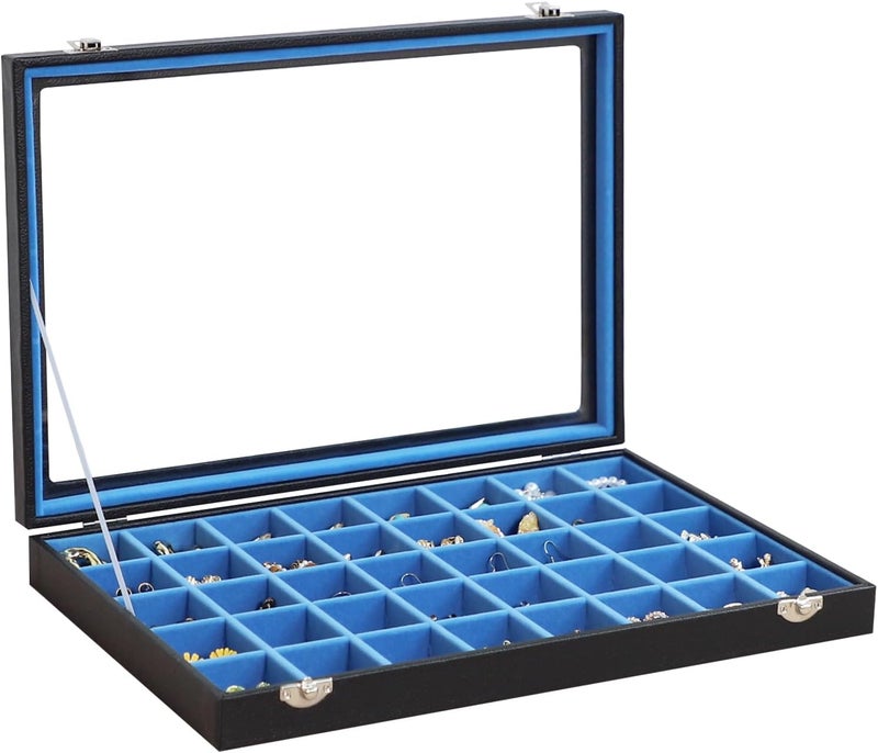 Stratalife Jewelry Organizer 40 Grid Blue Black Jewelry Tray with Clear Dust-proof Lid Velvet Earring Organizer Necklace Rings Holder Display Drawer Storage Case for Women - Image 1