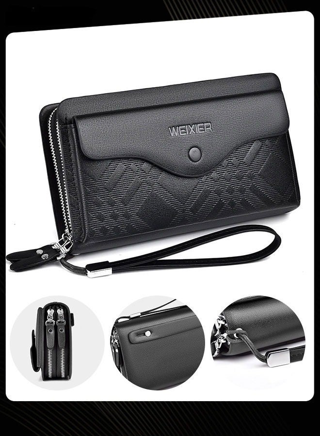 WEIXIER Casual Men Business Wallet Portable Clutch Bag Pu Waterproof Large Capacity Double Zipper Multi-card Slot Clip Bag for Travel Outdoor Shopping Black - Image 1