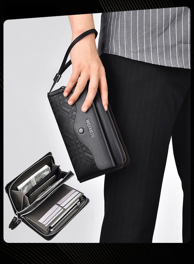 WEIXIER Casual Men Business Wallet Portable Clutch Bag Pu Waterproof Large Capacity Double Zipper Multi-card Slot Clip Bag for Travel Outdoor Shopping Black - Image 2