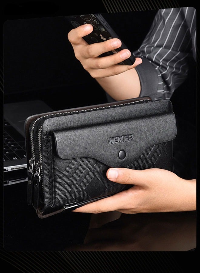 WEIXIER Casual Men Business Wallet Portable Clutch Bag Pu Waterproof Large Capacity Double Zipper Multi-card Slot Clip Bag for Travel Outdoor Shopping Black - Image 3