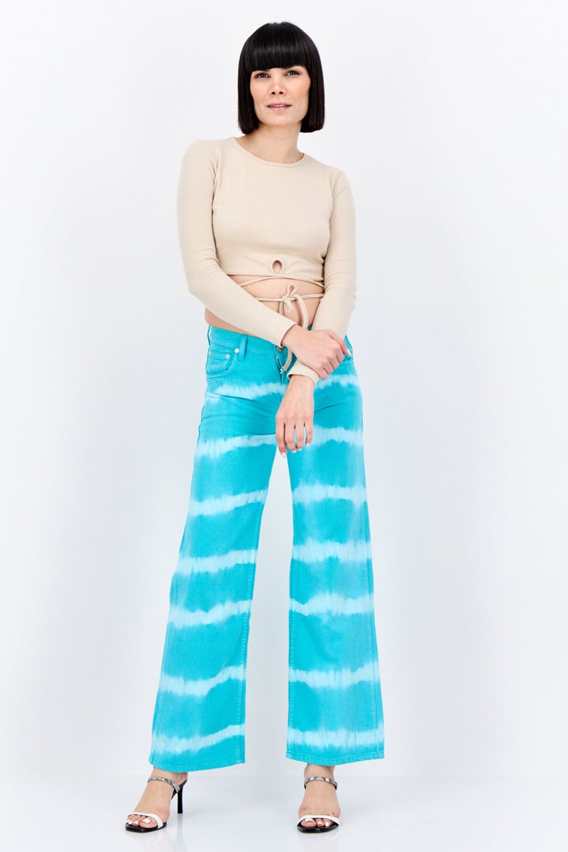 MANGO Women Regular Fit High Rise Straight Leg Tie And Dye Jeans, Turquoise - Image 4