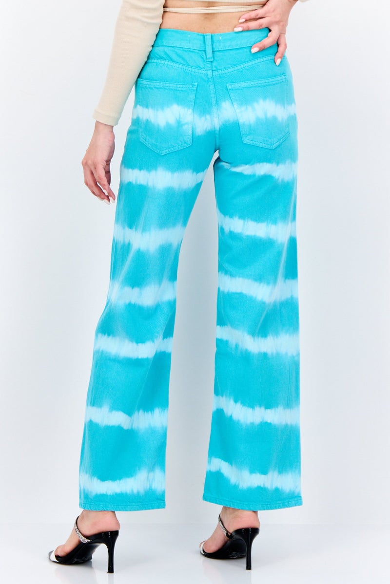 MANGO Women Regular Fit High Rise Straight Leg Tie And Dye Jeans, Turquoise - Image 3