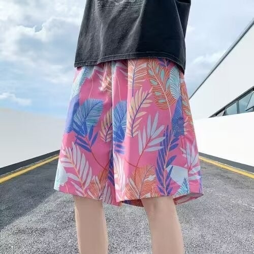 Beach Shorts Mens Summer Thin Quick-drying Swimming Trunks Fashionable Printed Large Pants Loose Pajama Pants Casual Five-point Pants Pink - Image 1