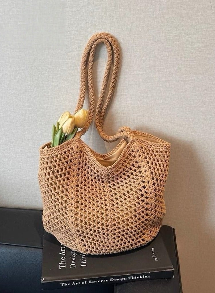 Khaki Cotton Rope Tote Bag | Versatile Shoulder & Handbag for Vacation & Daily Commute - Image 1