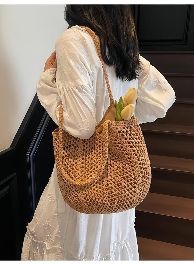 Khaki Cotton Rope Tote Bag | Versatile Shoulder & Handbag for Vacation & Daily Commute - Image 5