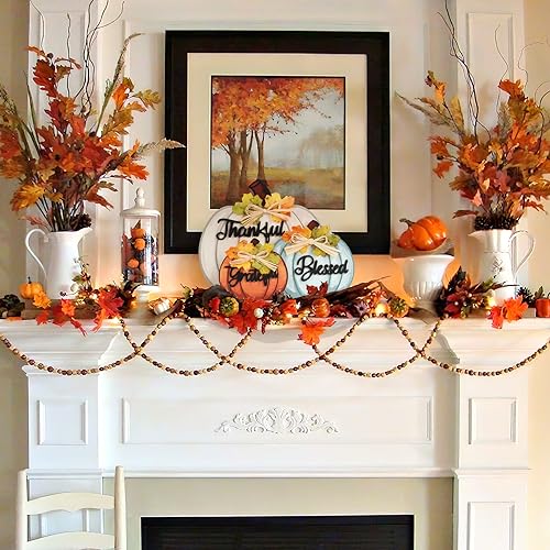 Sophena 3 Pcs Fall Pumpkin Decor Wooden Table Sign Thankful Blessed Grateful Tabletop for Autumn Farmhouse Vintage Thanksgiving Harvest Party Rustic Home Room Table Shelf Halloween Decorations - Image 3