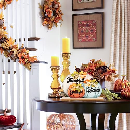 Sophena 3 Pcs Fall Pumpkin Decor Wooden Table Sign Thankful Blessed Grateful Tabletop for Autumn Farmhouse Vintage Thanksgiving Harvest Party Rustic Home Room Table Shelf Halloween Decorations - Image 2