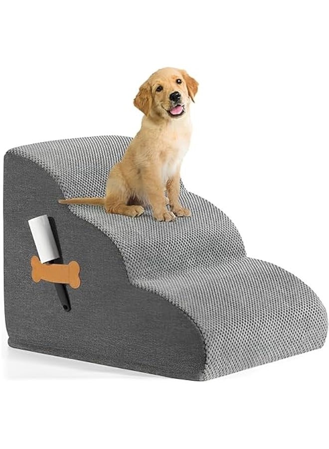Beauenty Dog Stairs Ramp for Beds & Couches, Extra Wide Pet Steps with Non-Slip Fabric, Ideal Dog Ramp for Bed, Perfect Dog Stairs for Small Dogs and Cats,Grey,3-Tiers - Image 1