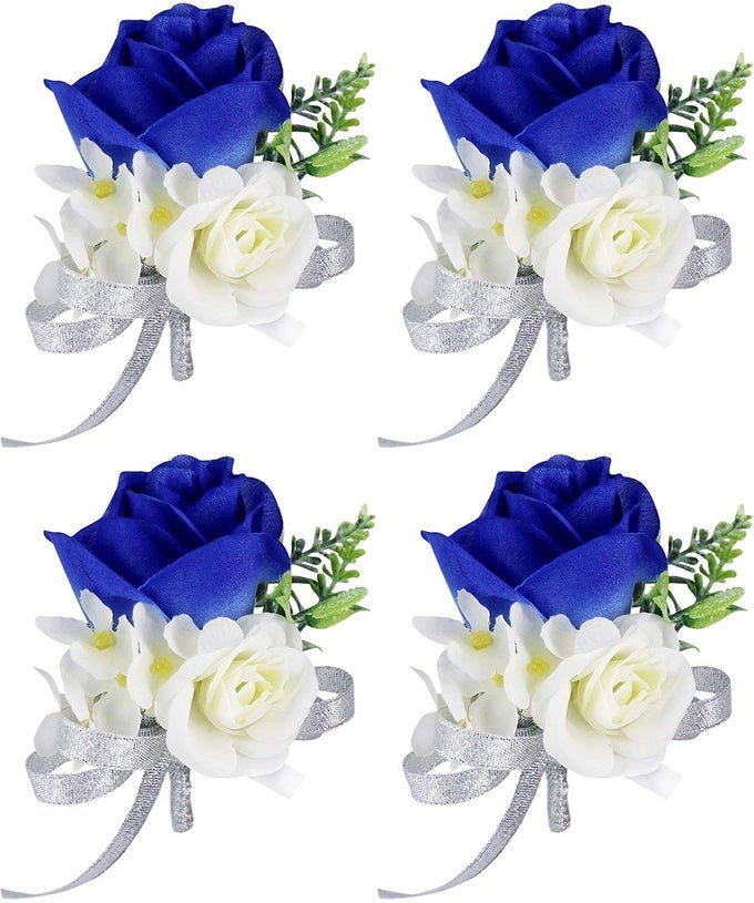 ROSE BOUTONNIERE HANDMADE FLOWER ARTIFICIAL CORSAGE WITH CLIP AND RIBBON 4 PCS FOR BRIDE GROOM WEDDING PROM PARTY