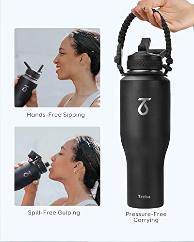 Trebo 40 oz Insulated Water Bottle that Fits in Car Cup Holder,Triple Wall Stainless Steel Water Bottles Insulated,LeakProof,Keep 48 hrs Cold & 24 hrs Hot,Metal Tumbler with Paracord Handle,Straw - Image 3