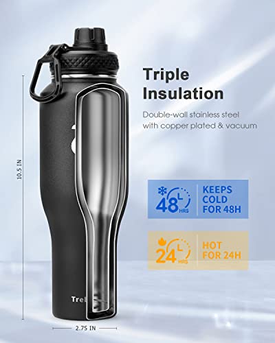 Trebo 40 oz Insulated Water Bottle that Fits in Car Cup Holder,Triple Wall Stainless Steel Water Bottles Insulated,LeakProof,Keep 48 hrs Cold & 24 hrs Hot,Metal Tumbler with Paracord Handle,Straw - Image 2