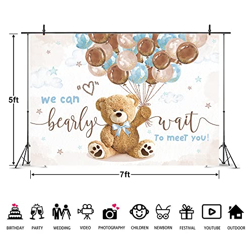 Imirell We Can Bearly Wait Backdrop 7Wx5H Feet, Bear Baby Shower Decorations for Boys, Cute Lovely Cartoon Balloons Baby Shower Party, Bear Photography Backgrounds Newborn Photo Shoot Decor Props - Image 3