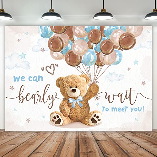 Imirell We Can Bearly Wait Backdrop 7Wx5H Feet, Bear Baby Shower Decorations for Boys, Cute Lovely Cartoon Balloons Baby Shower Party, Bear Photography Backgrounds Newborn Photo Shoot Decor Props - Image 1